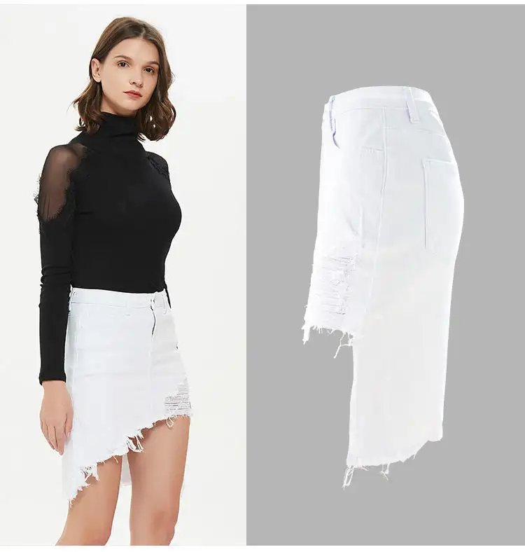 Frühling neue europäische und amerikanische personal isierte Design mittellange unregelmäßig gespaltene weiße Hüfte gewickelt Jeans rock