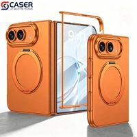 Étui pliable avec anneau magnétique rotatif et béquille, finition mate couleur unie, film de protection d'écran intégré pour iPhone Fold