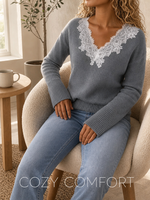 Pull élégant gris à col en V pour femme, avec bordure en dentelle blanche raffinée et ourlet côtelé confortable, pull d'hiver doux à manches longues OEM/ODM