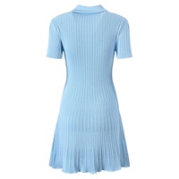 Vintage elegante estilo primavera señora Turn-Down Collar manga corta mujeres de punto de lentejuelas ajustado con volantes Vestido corto sólido