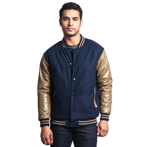 Blouson universitaire pour homme, style Letterman, avec broderie appliquée, corps en polaire et manches en cuir - Product Image 1