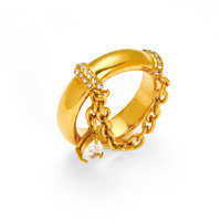 Massiver Polierter Breiter Ring mit Strass-Akzenten, Hängender Ketten-Tropfen-Zirkon-Anhänger, Edelstahl-Modeschmuckring