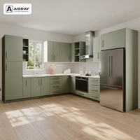 Meuble de cuisine moderne avec portes laquées, aménagement en L, idéal pour projets d'appartements, rangement par tiroirs et boîtes de rangement en MDF