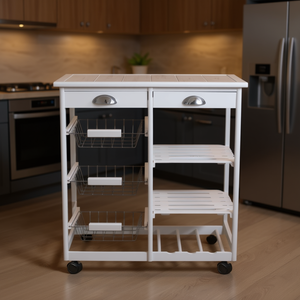 Chariot de cuisine blanc à 2 tiroirs et 3 étagères, avec roulettes, design moderne pour cuisine et salle à manger - Product Image 2