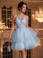 Robe de bal à sequins pour femme, robe de soirée en tulle sans manches, col en V personnalisé, appliques en dentelle, robe de soirée de luxe 2026