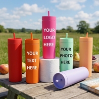Gobelet mince en plastique à double paroi de 16 oz avec paille, logo personnalisé, photo et texte, finition mate, réutilisable, idéal pour un cadeau