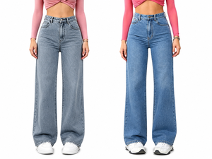 Jeans a Vita Alta e Gamba Larga per Donna, Pantaloni in Denim Vestibilità Comoda, Effetto Stonewashed, Lunghezza Intera, Stile Casual Primaverile in Cotone - Product Image 1