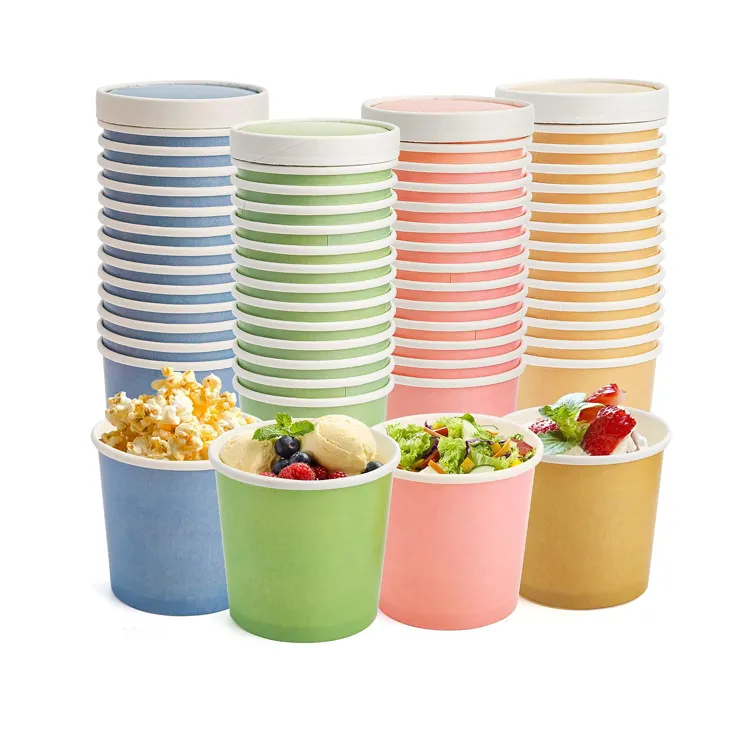 Venta al por mayor de cuencos coloridos para Postres, tazas para sopa con tapa de papel, taza desechable para helado, para llevar, envasado de alimentos, taza para sopa de papel Kraft