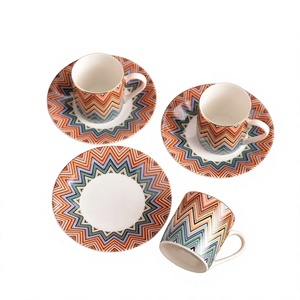 Ceramic Cups & Saucers <b>Set</b> Round Bohemian Zigzag Pattern Handle Afternoon <b>Tea</b> Drinkware - Product Image 1