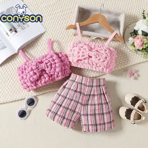 Conyson 2023 Kids Hot Baby Girls Popcorn Halter Top Pink Fashionable Style Grain Cute With Big Bow Shorts Kids Clothing Set