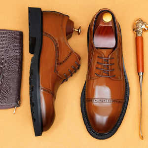 Chaussures habillées brillantes en cuir véritable pour hommes, bout rond, à lacets, semelle extérieure en caoutchouc antidérapante, toutes saisons, couleur unie, chaussures de mariage - Product Image 4