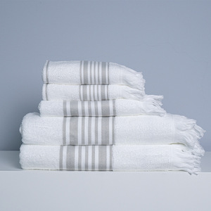 Tassel Towel <b>Set</b> Pure Cotton Face And Bath Towels White Striped With Fringe For Bathroom Gift <b>Sets</b> - Product Image 1