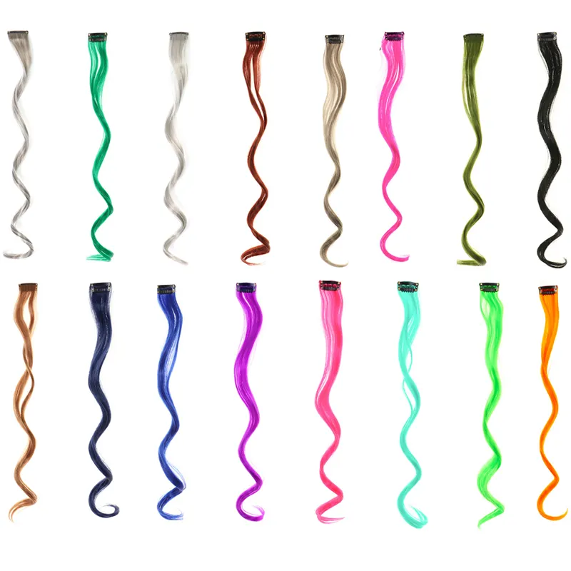 Wholesale Women Rainbow Color Synthetic Hair Extensions Hairpiece Clip in Colored Wave Curly