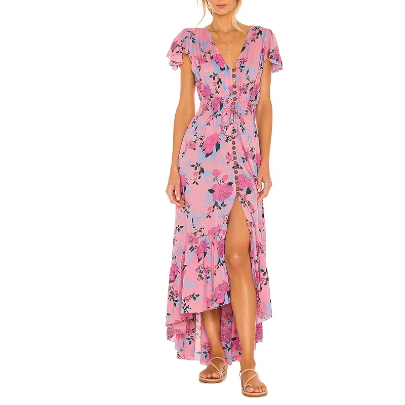 Unlined Front Button Closure Smocked Waist with Drawstring Closure Maxi Dress Woven Floral Print Manufacturer Directly Sale Lady