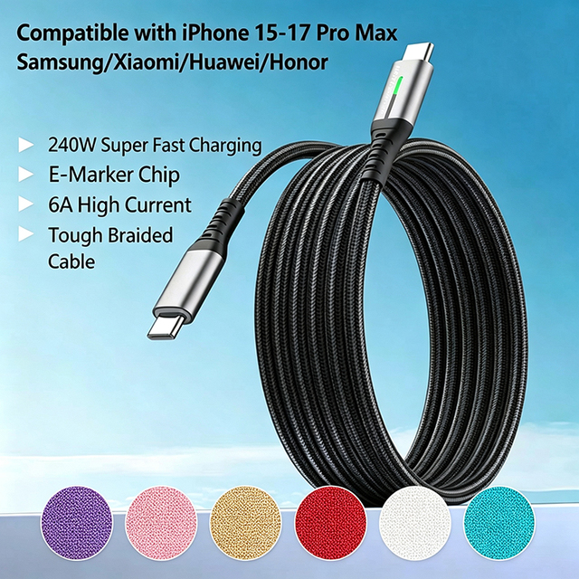 240w Type-C Fast Charging Cable Braided 6a USB-C High Speed Charger Cord for iPhone 15 Samsung Xiaomi Huawei