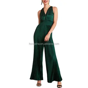 Jumpsuit Wanita 2022 Trending Wrap Depan Lipit Elegan Jumpsuit Tanpa Lengan Satin Logo Kustom Jumpsuit untuk Wanita