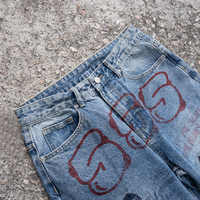 Pantalon décontracté pour homme, style vintage, denim droit, imprimé graffiti délavé, motif graphique, léger, streetwear personnalisé