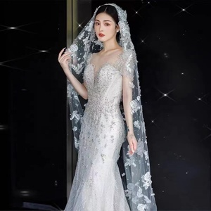 Nouveau voile français en dentelle de fleur d'ananas, luxe Flash perceuse Extra longue queue voile doux de mariée Super fée blanc <span class=keywords><strong>Vintage</strong></span> perle voile - Product Image 1