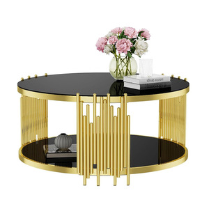 <span class=keywords><strong>Mesa</strong></span> de centro <span class=keywords><strong>redonda</strong></span> moderna, marco de metal dorado, tapa de <span class=keywords><strong>cristal</strong></span>, <span class=keywords><strong>diseño</strong></span> de dos niveles B2B para proyectos de sala de estar - Product Image 3