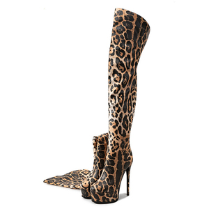 Bottes hautes à talon aiguille et plateforme épaisse pour femme, grande taille 48, avec fermeture éclair arrière, imprimé léopard, coupe large au-dessus du genou - Product Image 3