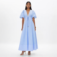 Robe longue maxi personnalisée pour femme, nouvelle mode, rayée bleu et blanc, col en V profond, manches bouffantes, coupe trapèze, taille haute, pour l'été, la plage et les vacances