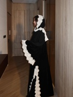 OEM/ODM Ensemble de trois pièces mode : Abaya de Dubaï pour femme, Robe musulmane en velours, Kimono Abaya ouverte, Ensemble Hijab, Robe cardigan modeste avec dentelle