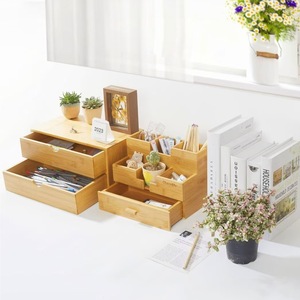 Bamboo Desktop Drawer Storage <b>Box</b> 2-Tier Wood Organizer for Desk Office Study Room <b>Makeup</b> Cosmetics Tidy Multi Layer Shelf - Product Image 2