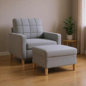 Sillón gris claro con reposapiés, patas de madera, tapicería de tela, muebles para sala de estar - Product Image 2