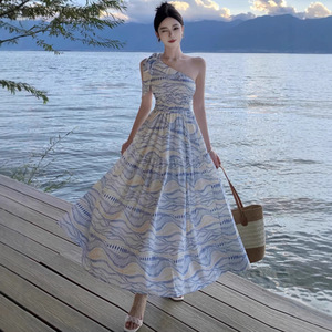 French Style One Shoulder Maxi Dress Asymmetric Breathable Beach Cover Up For Women Summer Travel Outfit - Product Image 1