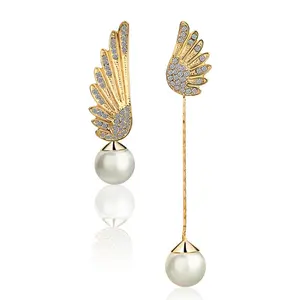 Wholesale Gold Plated Wing Earring Pendant Long Chain Cz Brass Pearl Earrings