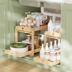 Organisateur de lavabo coulissant à 2 niveaux en bambou moderne pour le rangement domestique du salon, installation facile - Product Image 4