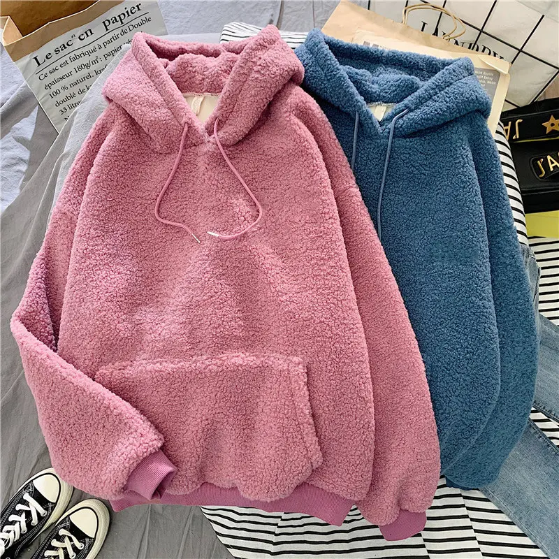 Wholesale Polyester Sublimation Comfortable Cute Lamb Furry Thick Woman Fleece Hoodie