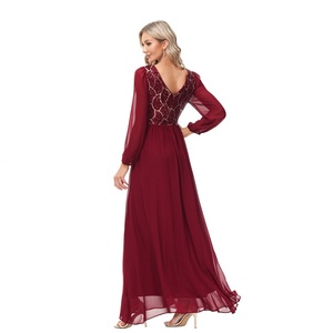 ชุดเดรสชีฟองแขนยาวคุณภาพสูง แต่งเลื่อม คอทรงโอ เปิดหลัง มีซับใน สำหรับผู้หญิง ชุดราตรี - Product Image 4