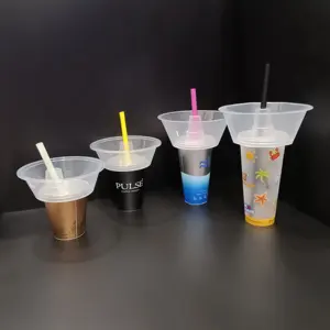 Factory Logo Printed 2 in 1 snack drink cup with straw large opening plastic beverage cup top snack bowl for movie