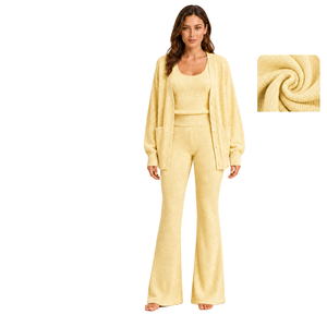 <b>Women</b> 3 Piece <b>Knitted</b> Set Long Sleeve Cardigan <b>Tank</b> <b>Top</b> Flare Pants Autumn Outfit Yellow - Product Image 1