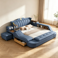 Luxuriöses Blaues Lederbett mit Massage-Kopfstütze Seitlicher Aufbewahrungsschrank Schublade Hebbare Bettendekonsole für Hochwertige Schlafzimmer