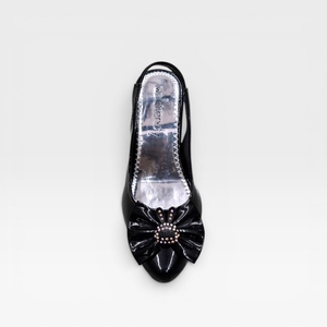 Black Patent Leather Slingback Heeled <b>Sandals</b> With Floral Bow Mid Block Heel Elegant Dress Shoes All Seasons Wear - Product Image 2