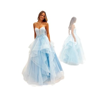 Light Blue Ball Gown Evening Dress Sweetheart Neckline Empire Waist Floral Print Straps Women's Formal Dress - Product Image 5