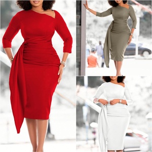 أحدث تصميم لفساتين أفريقية ذات لون واحد بتصميم ضيق ومجعد للسيدات، فساتين مكتبية للنساء، فساتين ملتفة حول الورك للعمل - Product Image 2