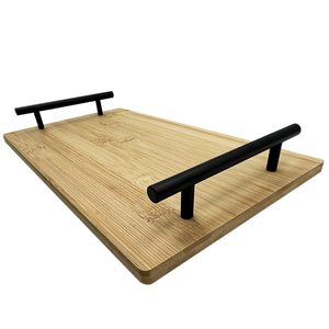 Plateau de service à fromage en bambou 35x20cm, couleur bois naturel, planche à découper rectangulaire avec poignées noires pour l'association fromage-vin - Product Image 4