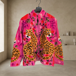 Blouson safari en velours rose à col mandarin, broderie Suzani, manches longues, imprimé animal, vêtements d'extérieur pour femmes en coton, automne - Product Image 1