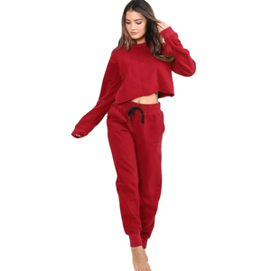 Women's Red 2-Piece <b>Knitted</b> <b>Set</b> Crew Neck Crop Top Full Length Jogger Pants Solid Color Casual Wear All Seasons from Bangladesh - Product Image 1
