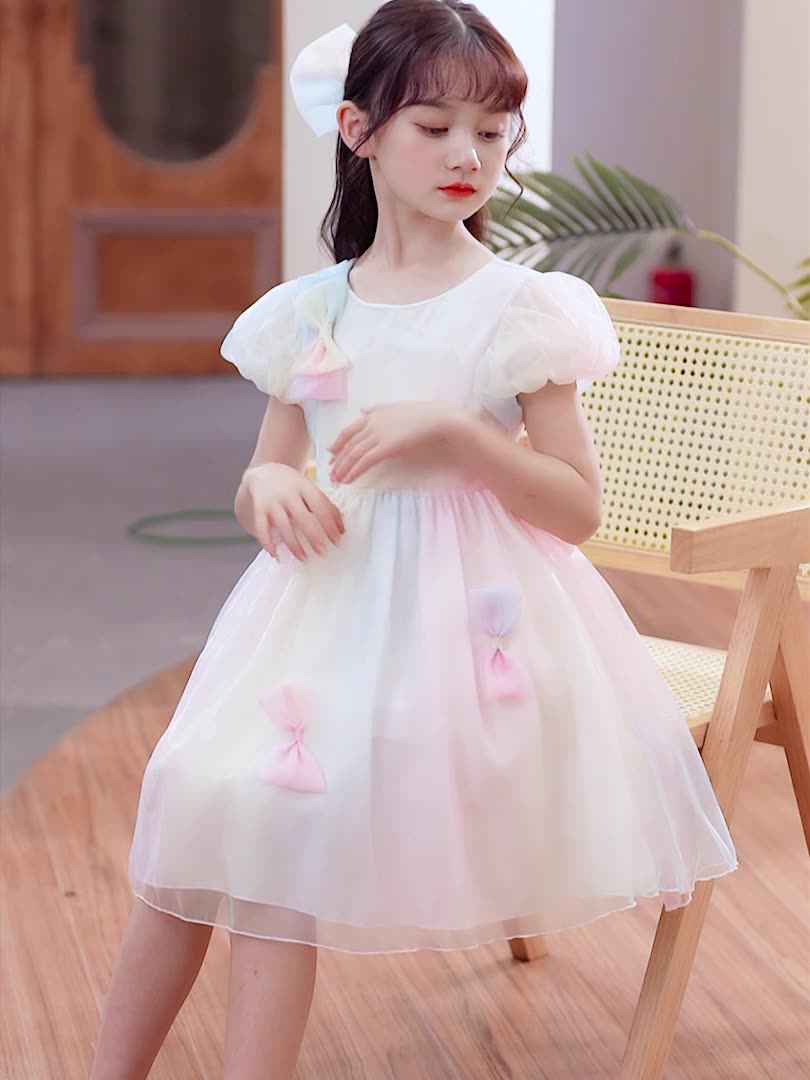 Wholesale Children's bubble leeve princess Dress Party Dress For Girl Flower Girl 2-12 year old Girl rainbow candy color Dress,2 Pieces