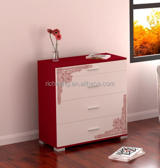black and red narrow corner design MDF storage units with drawers