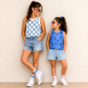 Girls Sleeveless Printed Tank Top O-Neck Casual Summer Wear Blue <b>Checkered</b> And Space Pattern Cotton Jersey Breathable Style OEM - Product Image 1