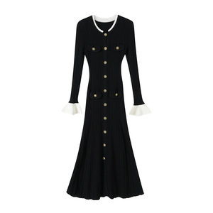 Abito in maglia da donna elegante nero monopetto slim fit con colori a contrasto, nuovo stile autunno 2026 - Product Image 5