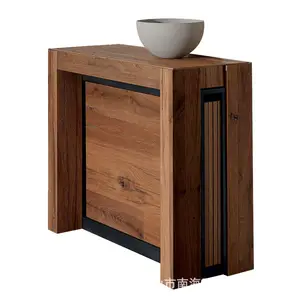 北欧家具可伸展木质隐形餐厅桌椅套装矩形折叠节省空间餐桌