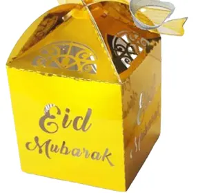ทอง Eid Mubarak กล่องขนม Candy Favor กล่อง DIY กระดาษของขวัญกล่อง Happy อิสลามมุสลิม Al-Fitr Lessar Eid Ramadan ตกแต่ง party Supplies