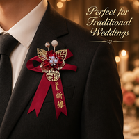 Boutonnière de Boda Doble Felicidad con Cinta de Satén Roja y Perla, Broche para Novia, Novio y Miembros de la Familia, Decoración Tradicional