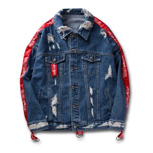 New Arrival Mens Hiphop Jeans <b>Jacket</b> Blue Black <b>Jacket</b> With <b>Red</b> Side Stripes Ripped <b>Denim</b> Coat Distressed Bomber Solid <b>Jacket</b> - Product Image 1